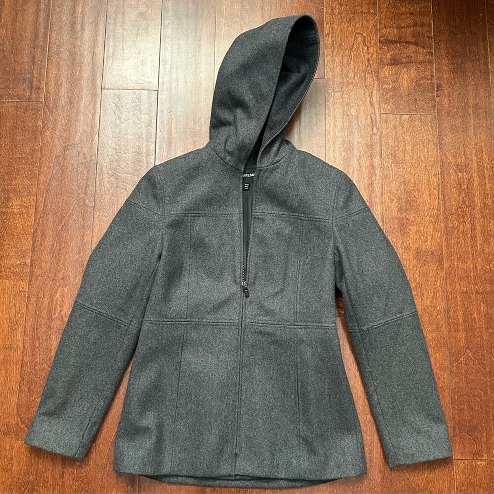 Express Women’s Stylish Wool Blend Gray Hooded Jacket, Modern & Fitted, Size 1/2